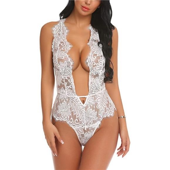 Avidlove Women One Piece Lingerie Lace Bodysuit Deep V Teddy Mini Babydoll - Picture 2 of 5